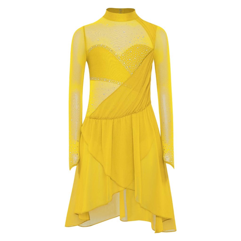 Платье для фигурного катания для девочек, сетчатые длинные рукава, воротник-стойка, вырез-капелька сзади, блестящие стразы, асимметричный подол, трико