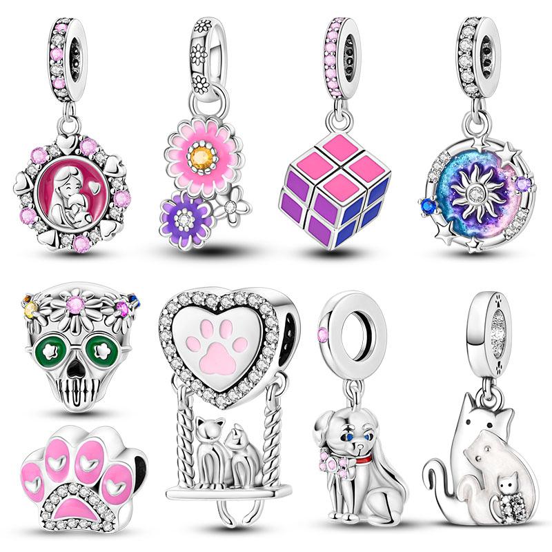 Подвески-шармы в виде кошачьей лапки с медным покрытием, кубик Рубика, цветы, подходят для оригинального браслета, сделай сам, модная бижутерия
