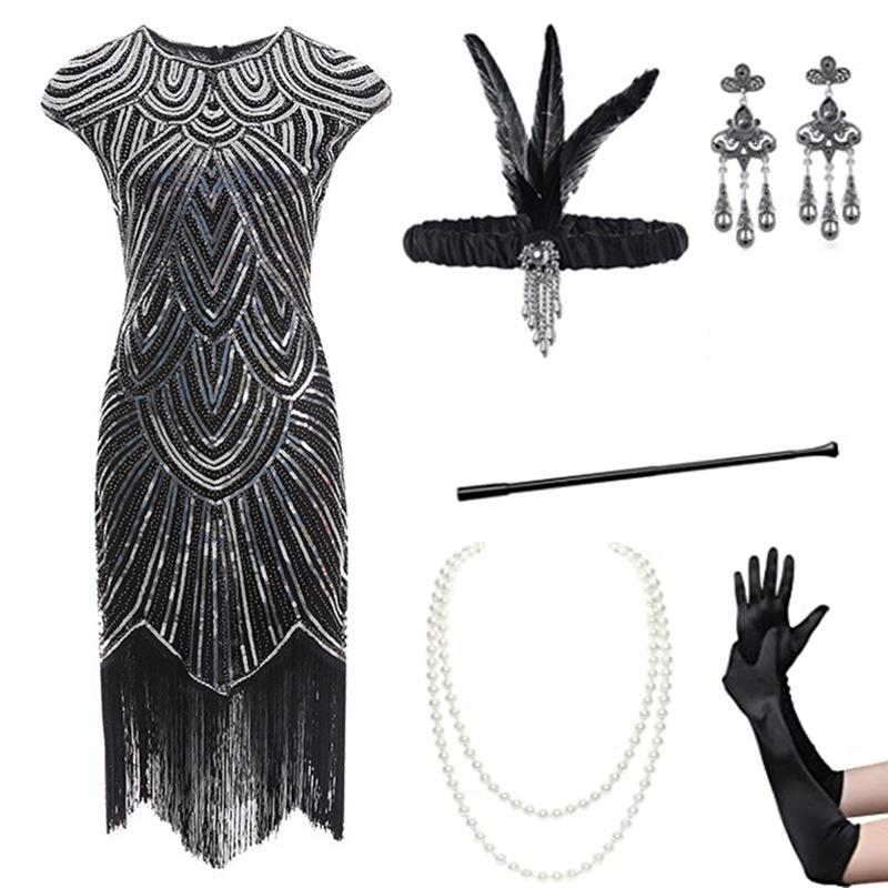1920s Retro Sequin Flapper Dress with Tassels and Headdress Set