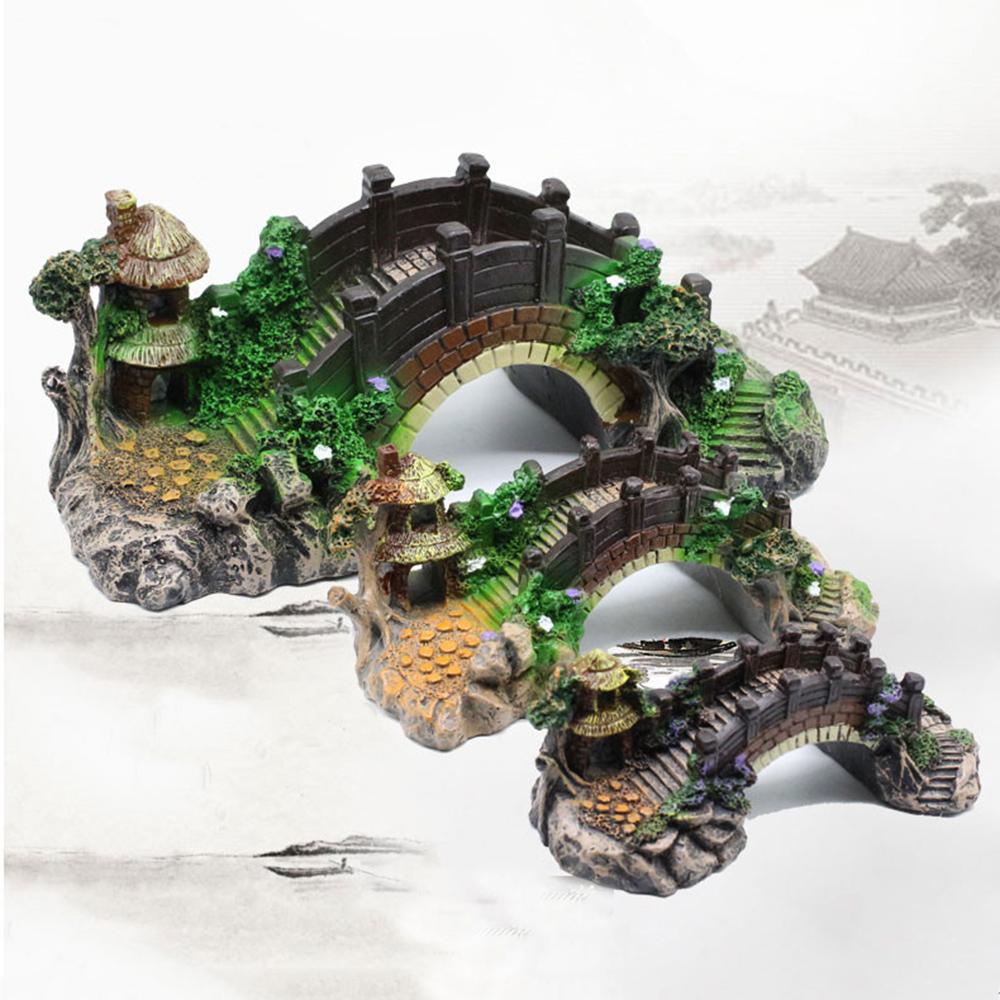 Aquarium Ornament Bridge Resin Rockery Fake Rock Bridges Pavilion Tree Landscape Fish Tank Decoration