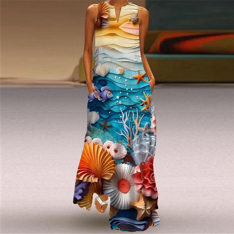 2026 New Summer Women's Sleeveless V-Neck Printed Sexy Dress Long Dress European and American Women's Clothing