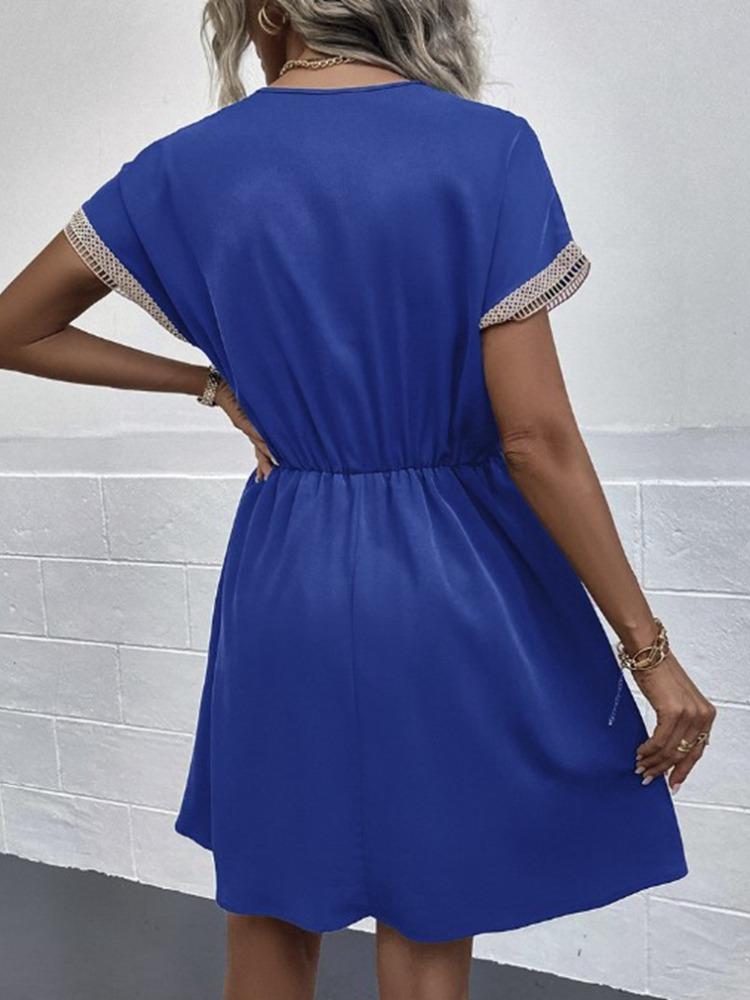 Women's Dresses Summer Fashion Lace Lace Stitching V Neck Loose Lace Up Bohemian Vacation Woman Basic Short Sleeved