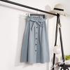 Spring Autumn Women Midi Knee Length Button High Waist Pleated School Skirt