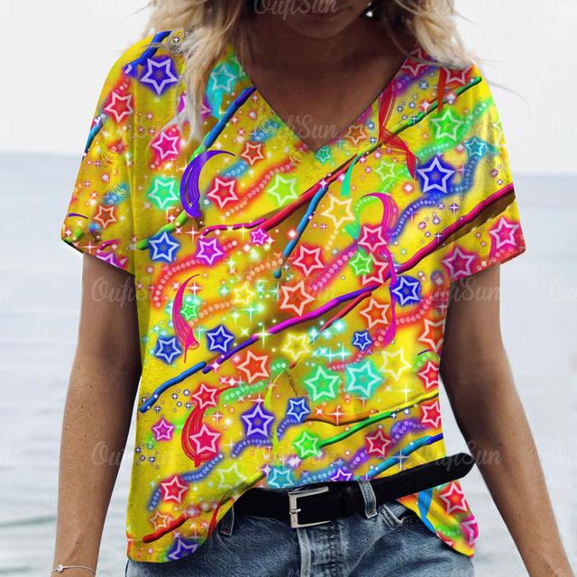 2025 Красочные принты Летние футболки с V-образным вырезом для женщин 3D Цветочная эстетика Повседневные свободные топы Модные футболки Harajuku Рубашки