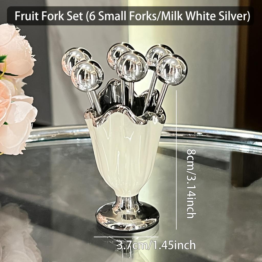 High-looking Stainless Steel Fruit Forks, Home Use, Light Luxury, Youngsters's Safety Small Fork Set, Storage Jar, Dessert Fruit Picks