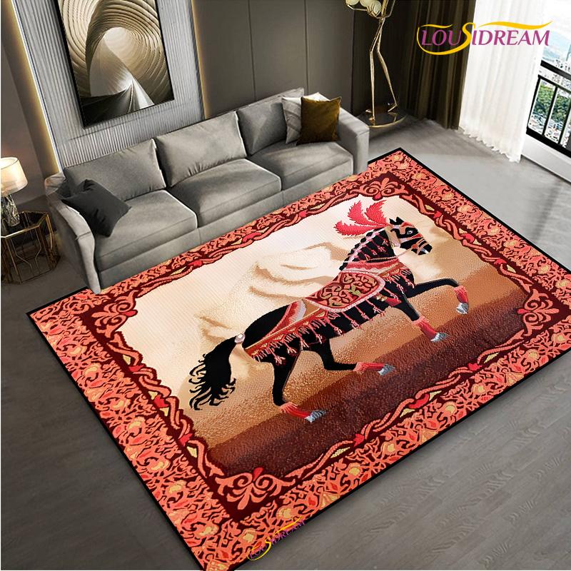 Мода Этническая Рамка Ковер Лошадь Домашний Декор Прямоугольный Ковер для Комнаты Черный Зеленый Оранжевый Гостиная Спальня Прикроватный Напольный Коврик для Стола