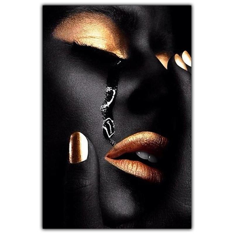 Gold Necklace African Woman Canvas Painting Figure Art Posters and Prints Black Women Wall Art Pictures for Living Room Decor