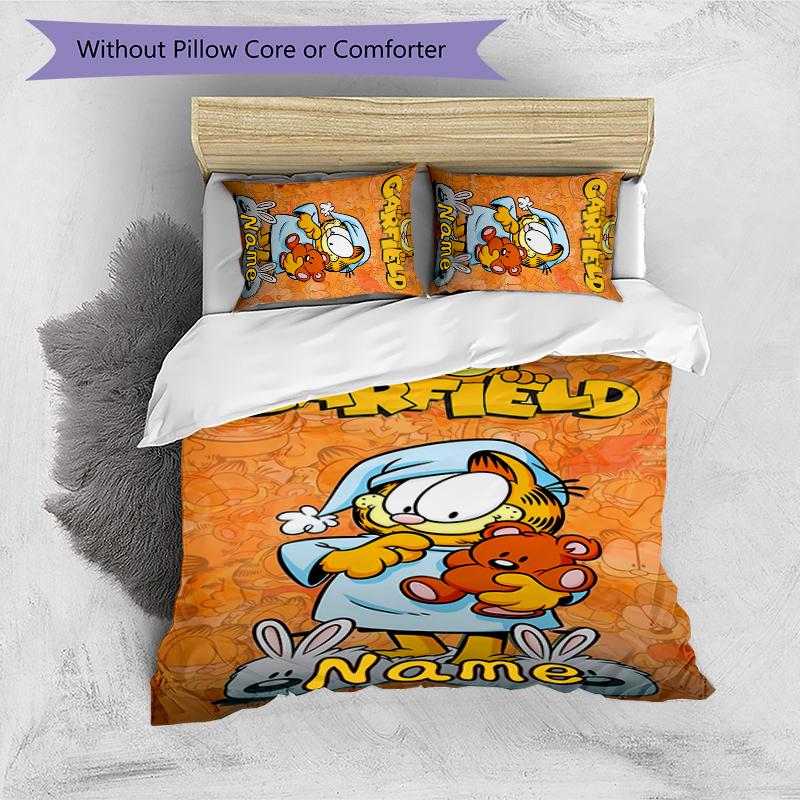 3pcs Custom Name Garfield Bedding Set Duvet Cover Closure Includes 1 Duvet Cover & 2 Pillowcases for All Seasons Bedroom Decor