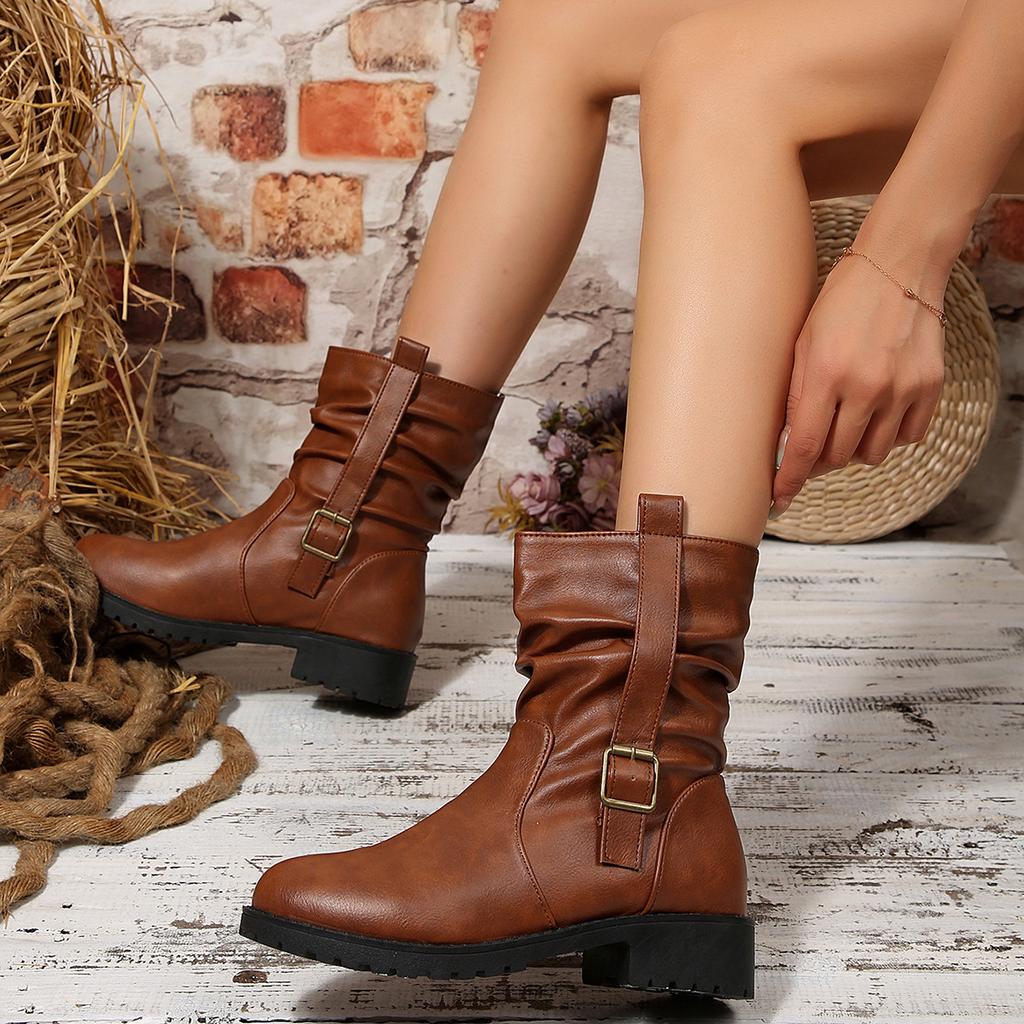 Круглая пряжка-ремень для скальпа, плиссированные ботинки-чулки, зима 2025, новые, ретро, больших размеров, в британском стиле, на толстом каблуке, ботинки-мартенсы для женщин