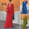 Women Evening Dress Deep V Neck Pleated Long Sleeves Solid Color High Waist Vacation Beach Party Maxi Dress Prom Long Dress