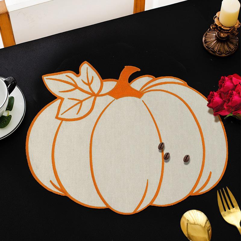 Embroidered Leaf Pumpkin Placemat Natural Cotton Linen Non-Slip Heat Resistant Table Mat for Farmhouse Style Dining Table Decor