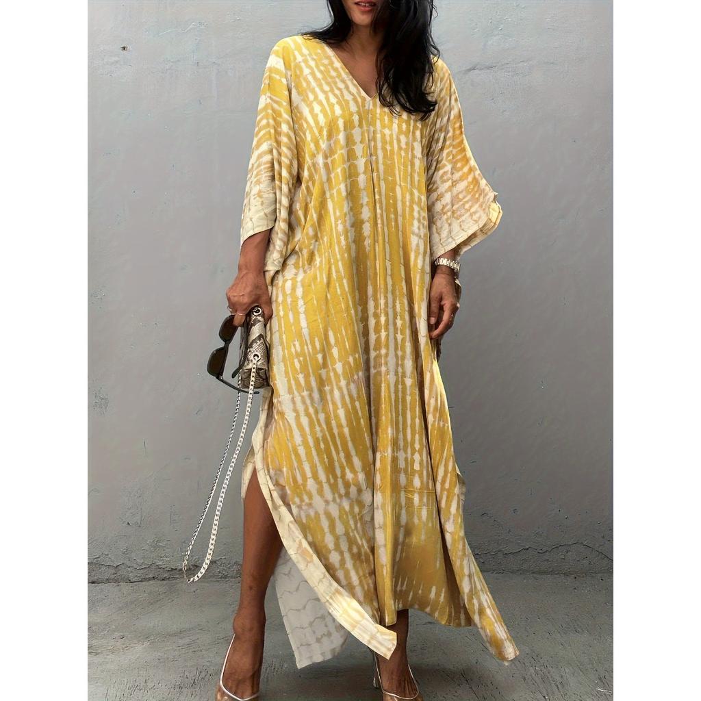 Women's Boho Style Cover Up, Plus Size Tie Dye V Neck Loose Fit Vacay Beach Kaftan Dress
