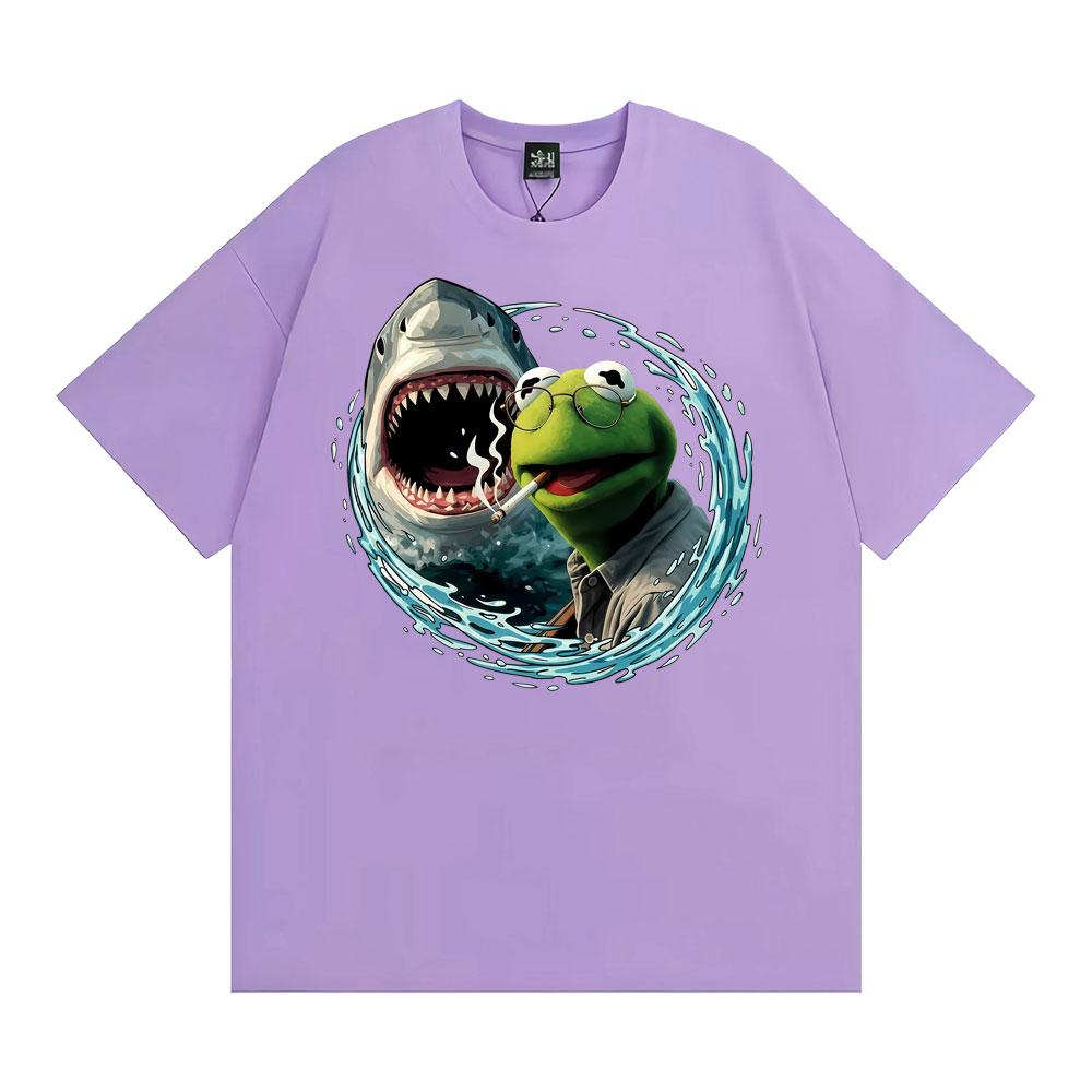 Smoking Kermit The Frog Meme Shark Attack Parody TShirt Mens Women Fashion Cool Tshirts Hot Sale Casual Short Sleeves T Shirt