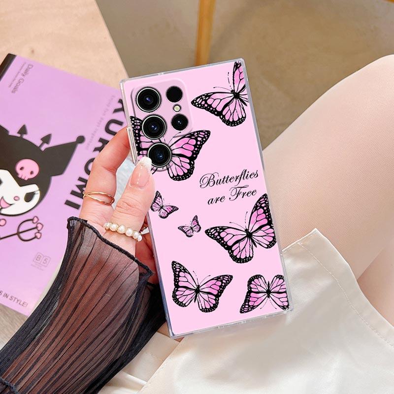 Pink Butterfly S25Ultra Clear Case For Samsung Galaxy S25 S24 S23 Ultra S20 S21 FE S22 Plus A56 A55 A36 A26 5G Soft Phone Cover
