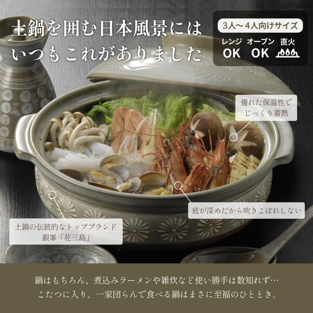 Banko Ware Ginpo Earthen Pot Size For Open Fire Heat Made In Japan 21091 [Authentic Product] (Deep Pot) 9, 3-4 People, Hanamishima, Compatible,