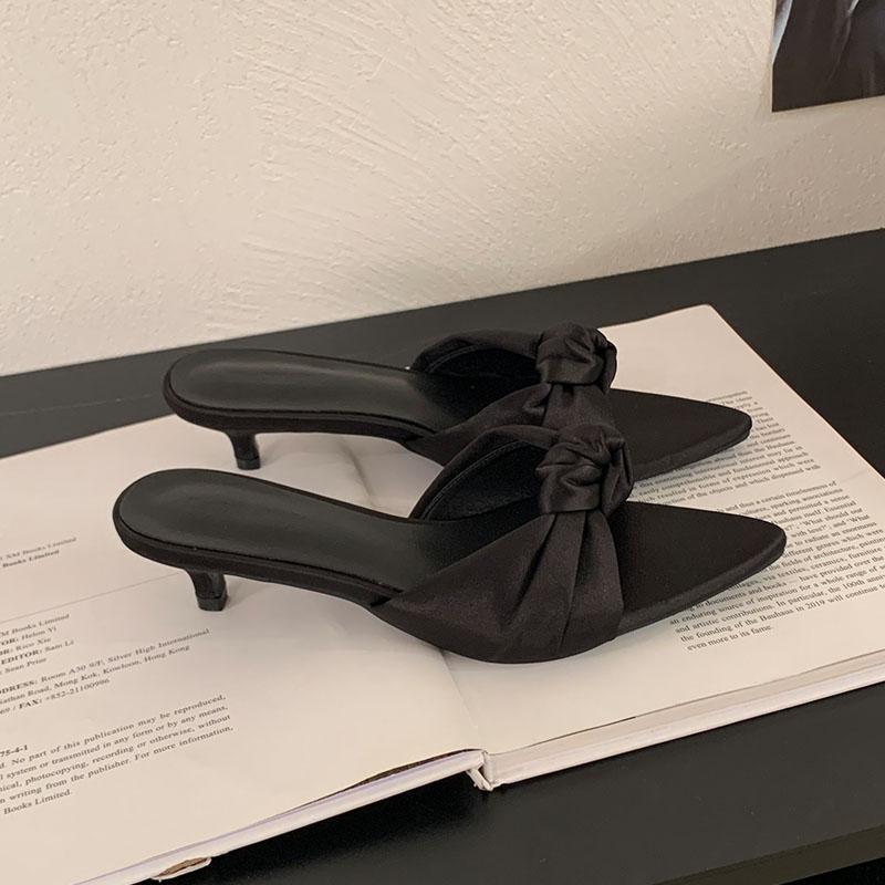 Fashion Fashion Pointed Toe Women Low Heel Slippers Summer Female Slides Sandals Butterfly-Knot Ladies Heeled Slippers Shoes Pumps