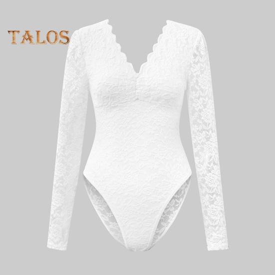 Women Bodysuit Flower Embroidery Lace Elastic Deep V Neck See-through Long Sleeve Solid Color Slim Fit Soft Breathable Spring Playsuit
