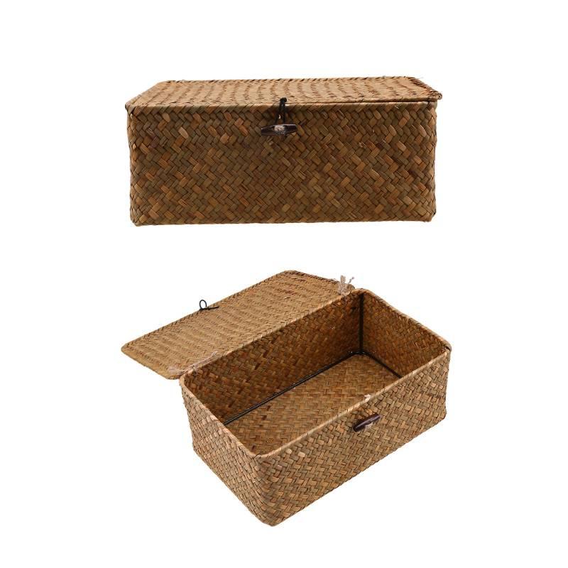 Винтажная желтая корзина для хранения из морской травы с крышкой, идеально подходящая для CD-дисков, пультов дистанционного управления и канцелярских принадлежностей