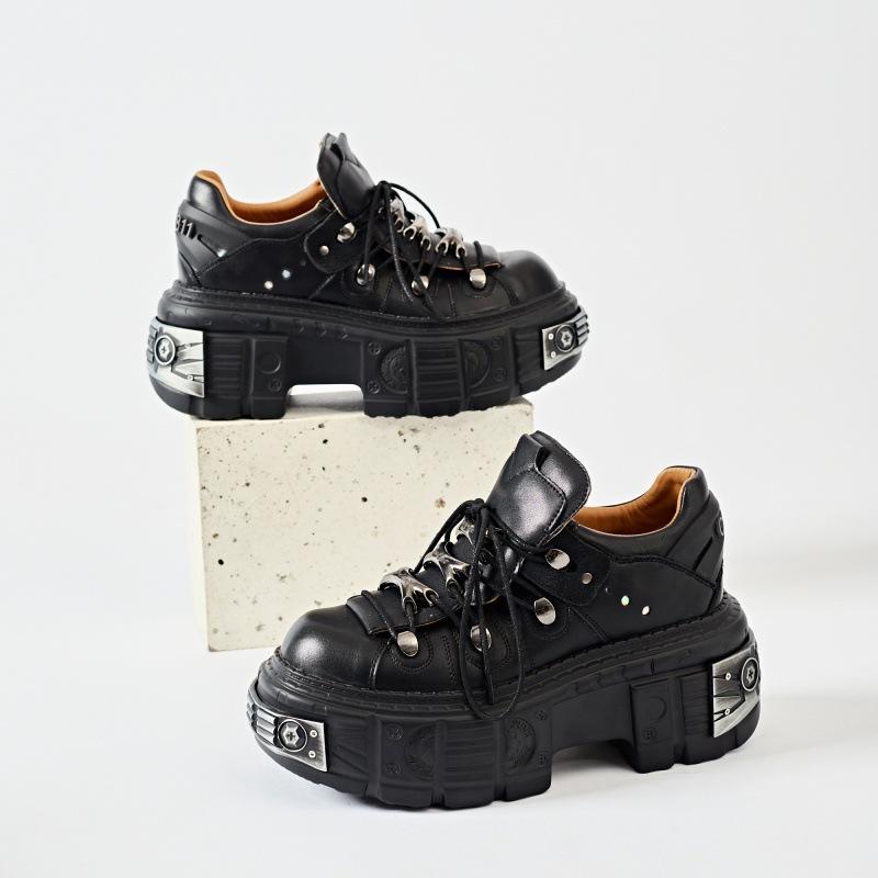 Fashion Women's Black Leather Chunky Sole Shoes - Perfect for Y2K and Grunge Aesthetics