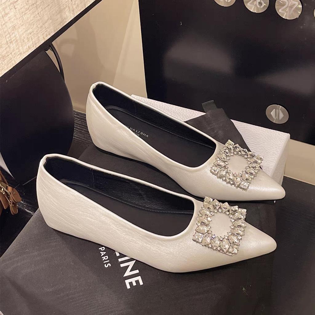 French Fairy Style with Skirt Versatile Shallow Mouth Single Shoes 2025 New Temperament Pointed Rhinestone Square Buckle Commuter Ladyshoes