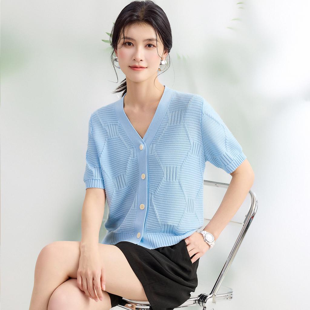 Pure color gentle short-sleeved cardigan jacket with mulberry silk, spring and summer new style, simple and versatile women's knitted sweater