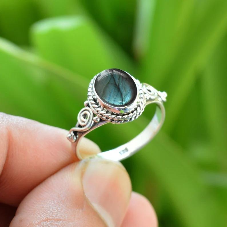 Кольцо с овальным драгоценным камнем из натурального синего лабрадорита, кольцо из цельного серебра 925 пробы, женское кольцо, эффектное кольцо, богемное кольцо, обручальное кольцо