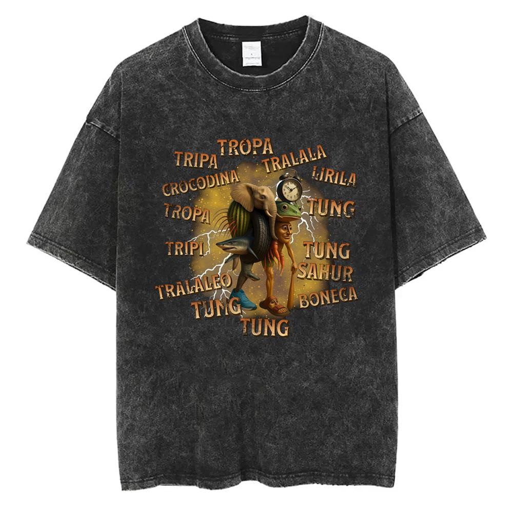 Italian Brainrot Ballerina Cappuccina Funny Meme Vintage Washed Tshirt Unisex Humor Fashion Tshirts Men Casual Cotton T Shirts