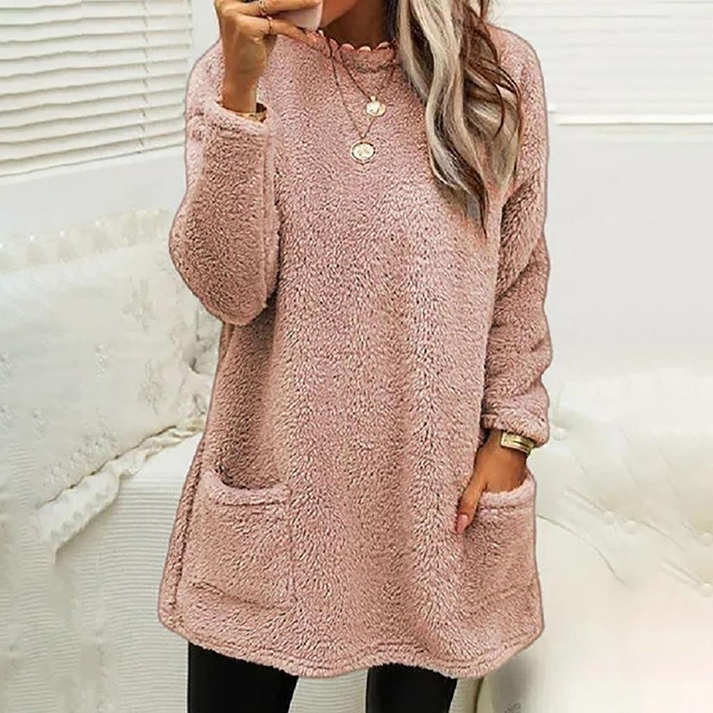 Autumn And Winter Women's Solid Color Round Collar Casual Loose Long Sleeve Pocket Plush Sweatshirt Women
