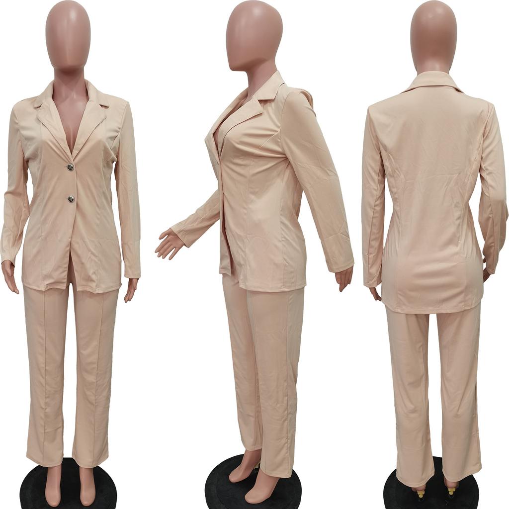 Women's Solid Color Two-Piece Suit Set with Notched Lapel and Button Closure, Elegant Long Pants Suit for Business Casual or Formal Wear