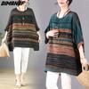 2024 Plus Size Summer New T-Shirt Women Bat Striped Loose Casual O-Neck Tops Oversize