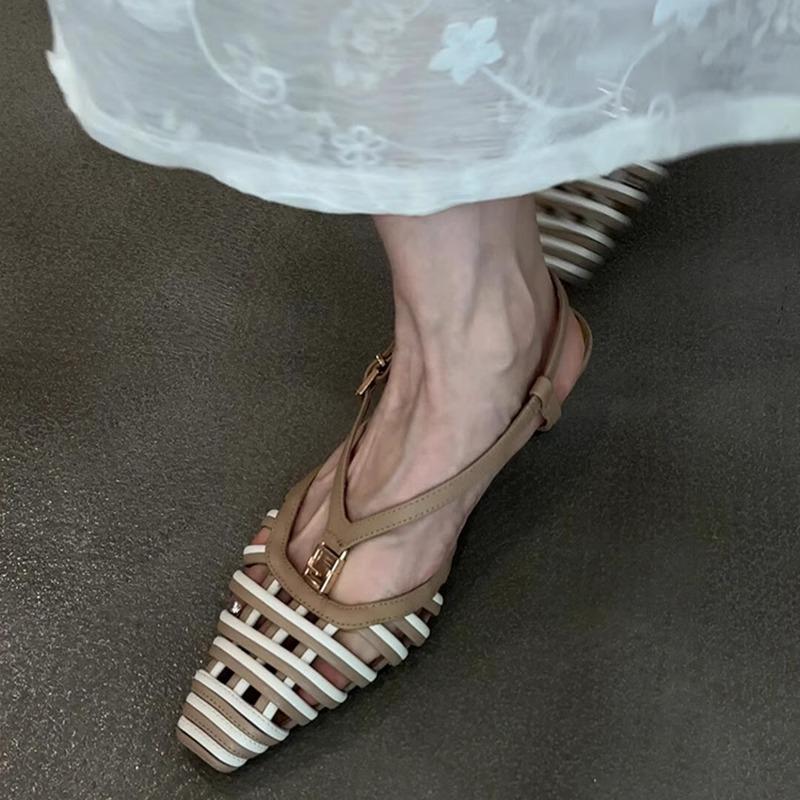 Fashion Fashion Weaving Hollow High-heeled Sandals Women Mixed Color Ankle Strap Buckle Roman Sandals Elegant Kitten Heel High Heels