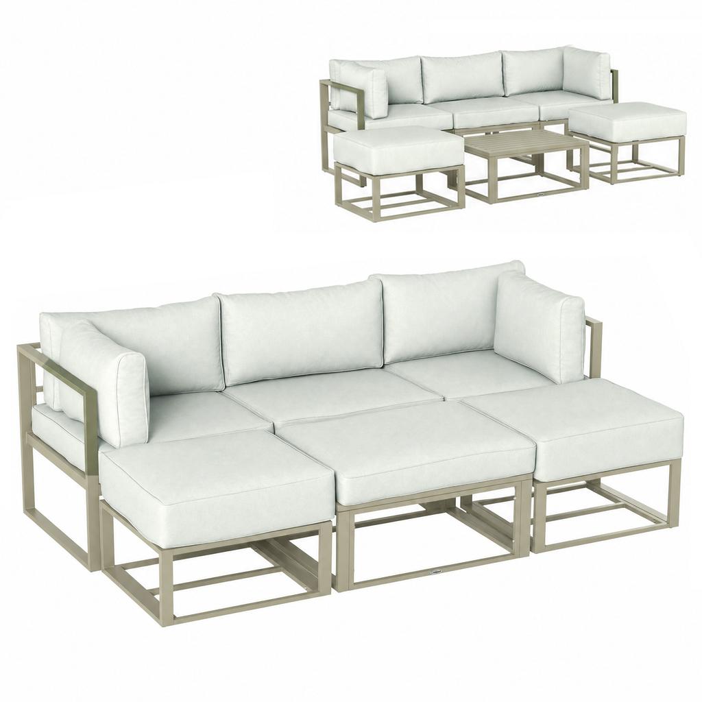 Garden Daybed, 6 Piece Outdoor Sectional Sofa Set, Aluminium Patio Conversation Furniture Set with Coffee Table