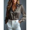 Women's Satin Shirts Elegant Plain Long Sleeve Blouse Office Lady Button-Up Shirt Top Autumn Female Crew Neck Shirts Blouse