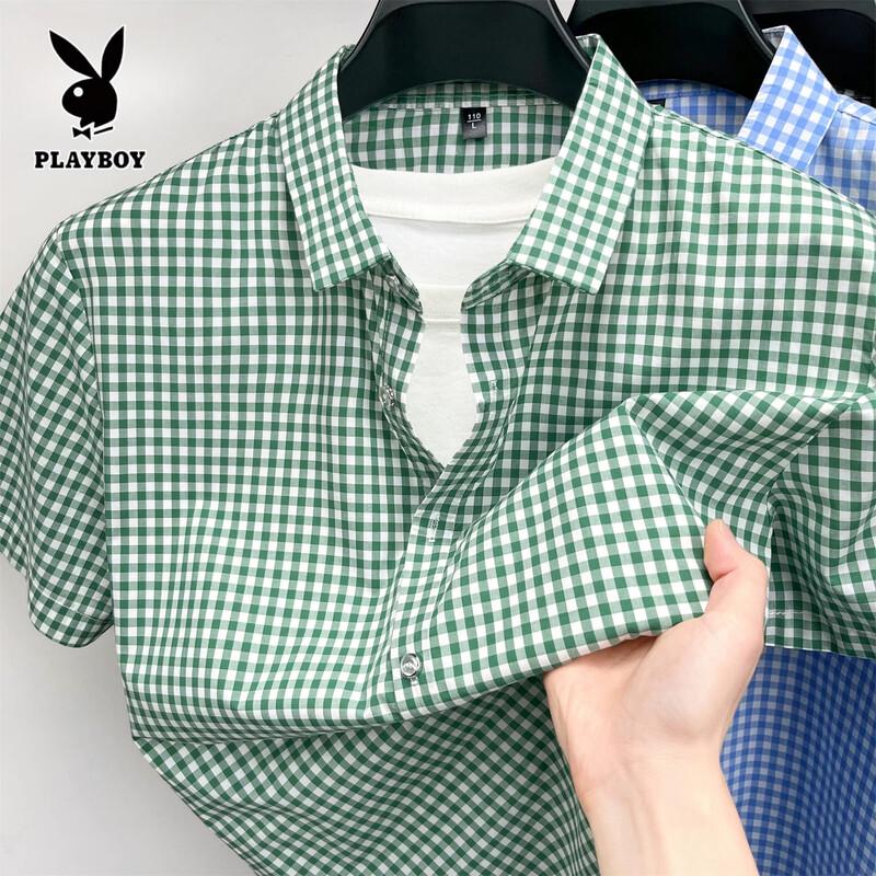 PLAYBOY Мужская клетчатая хлопковая рубашка с коротким рукавом