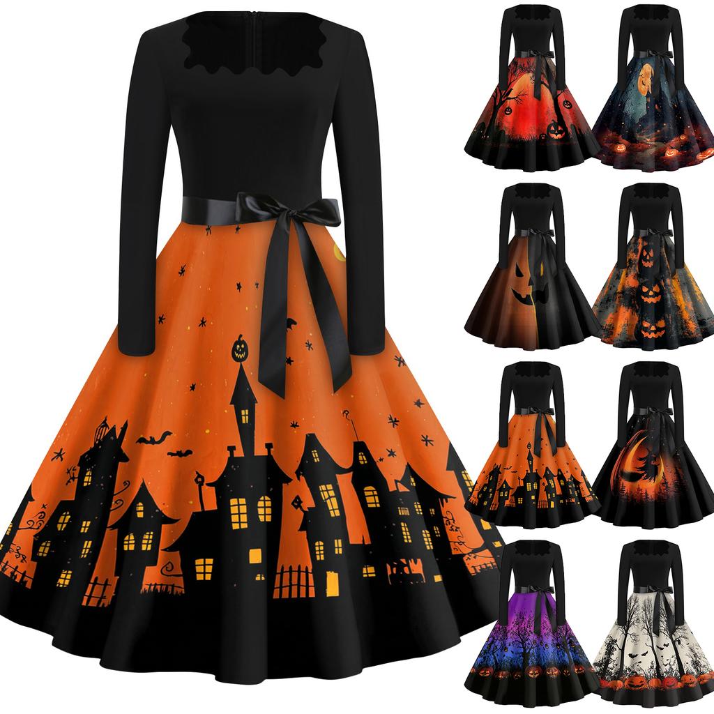 Women's Casual Vintage Halloween Print Dress Square Neck Long Sleeve Fit Flare Midi Dress with Waist Tie for Seasonal Occasion