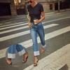 Womens High-Waisted Straight Leg Denim Jeans With Rolled Cuffs Vintage Wash Mid-Stretch Cotton Blend