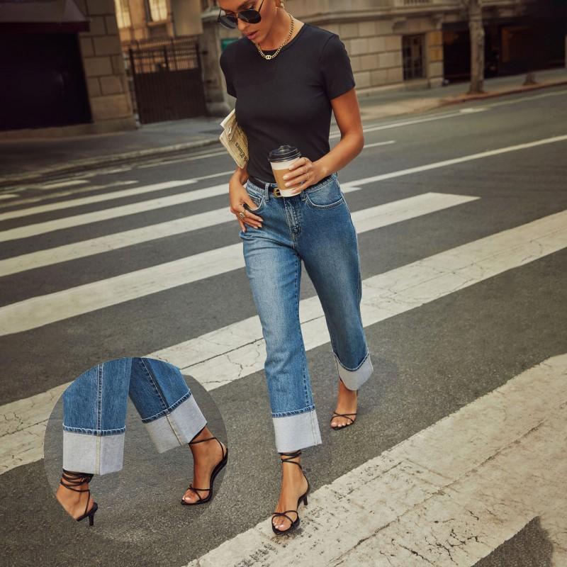 Womens High-Waisted Straight Leg Denim Jeans With Rolled Cuffs Vintage Wash Mid-Stretch Cotton Blend