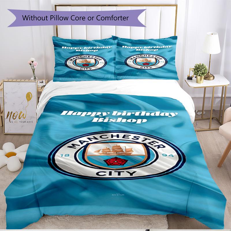 3pcs Duvet Cover Set (1*Duvet Cover + 2*Pillowcase, Without Core), Manchester City FC Print Soft All‑Season Bedding Set, Home Bedroom Decor Gift