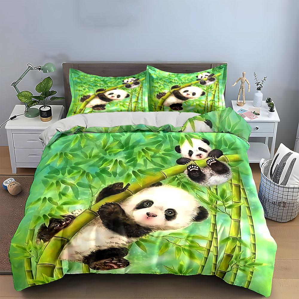 Cute Pandas Playing in Bamboo Bedding Duvet Cover Set Duvet Cover Pillowcases (1*Duvet Cover 2*Pillowcases, without duvet insert)