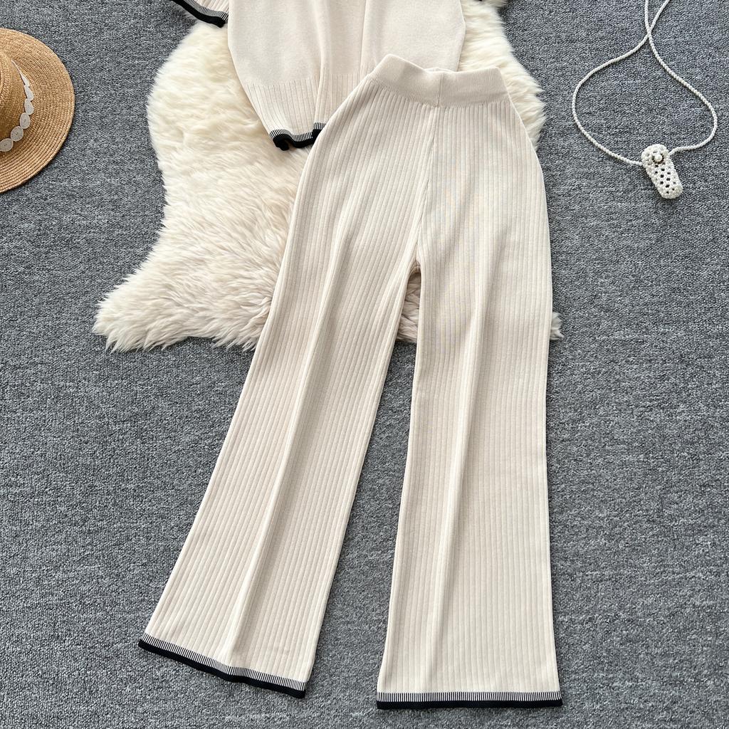 Летний женский трикотажный свитер, брюки, комплект из двух предметов, женский свитер с коротким рукавом, топ и брюки длиной до щиколотки, спортивный костюм