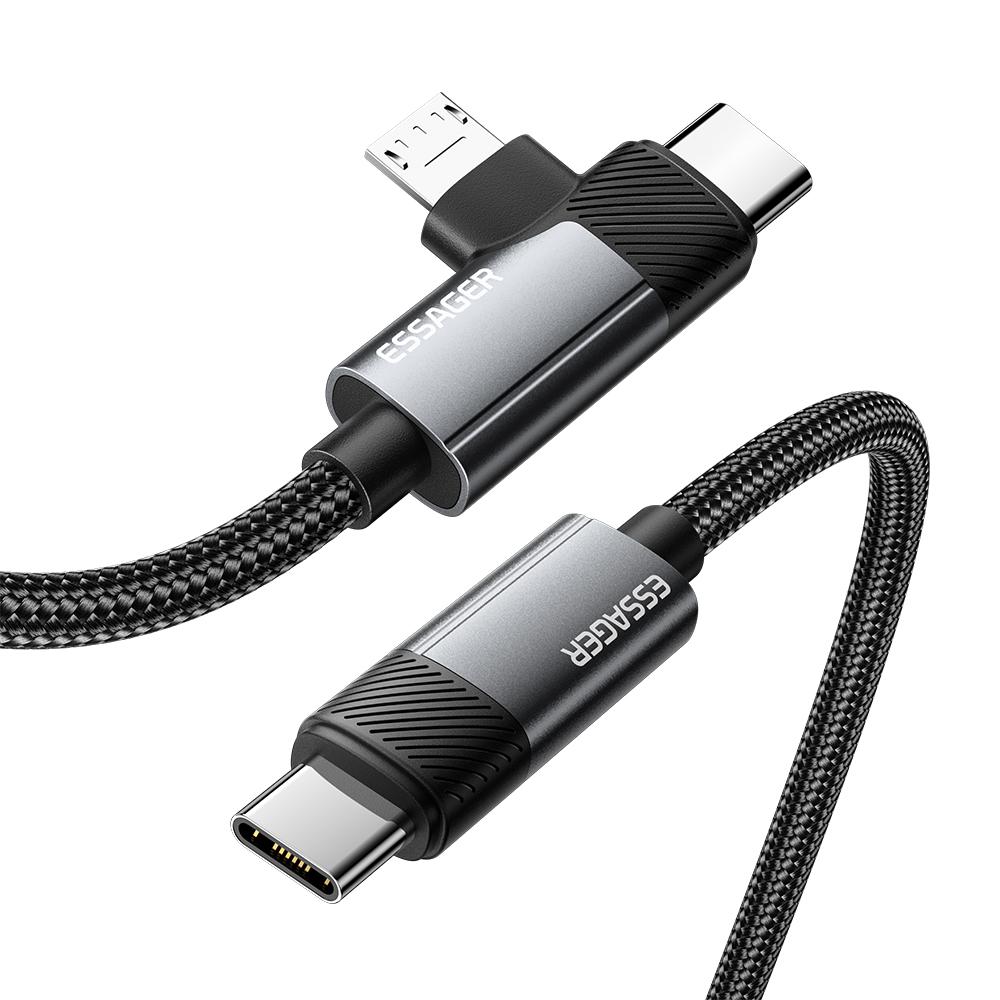 ESSAGER 2m 65W Aluminum Alloy Data Cable 2 in 1 Type-C to Type-C+M Micro Fast Charging Cable