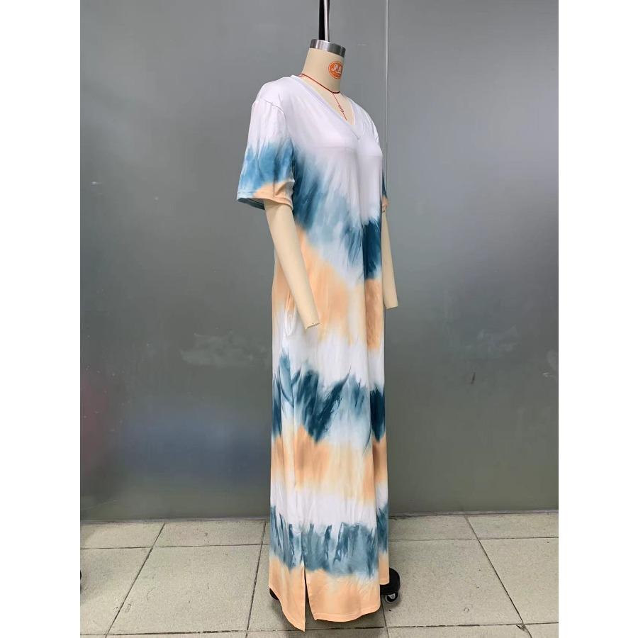 Casual Beach Maxi Tie Dye Printed Dresses Women's Spring Summer Short Sleeve V-neck Plus Size Long Dress
