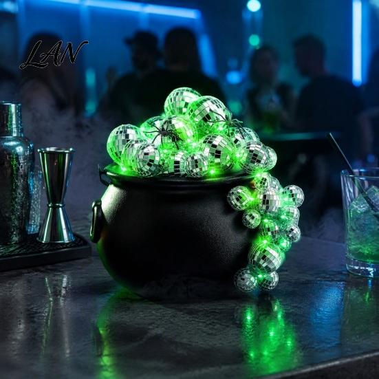 Halloween Tabletop Accents Disco Bubbling Witch Cauldron Kit, Kettle with 40 Balls 2 Creative Display Light Strings Spider Webs Fake 100 Adhesive Dots