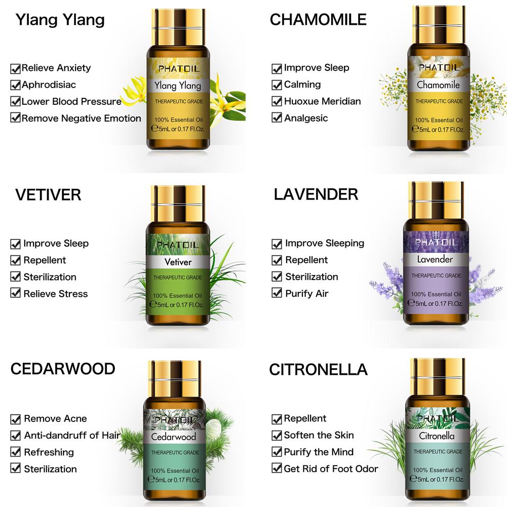 PHATOIL 5ML Rose Jasmine Lavender Plant Essential Oil with Dropper Purify the Air Bactericide Spa Body Care Vanilla Eucalyptus Tea Tree Oil
