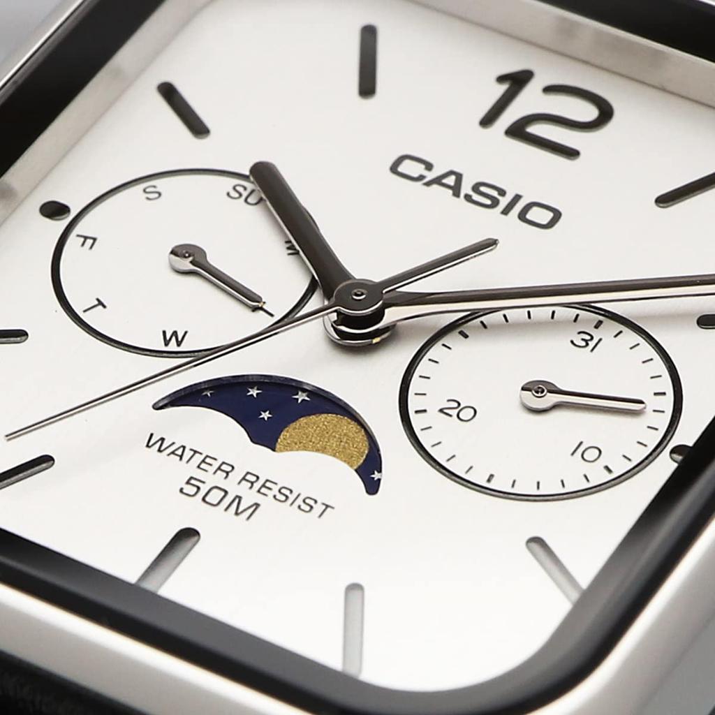 CASIO Стандартные аналоговые часы с фазами Луны, черный кожаный ремешок, серебристая модель Overseas [Casio] Мужские MTP-M305L-7AV [Товар]