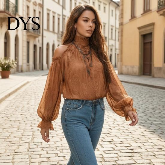 Skin Friendly Shirts Women Fall Cold Shoulder Shirt, Vintage Ethnic Print High Casual Blouses Collar Blouse, Ruffle Lantern Sleeve Top Autumn