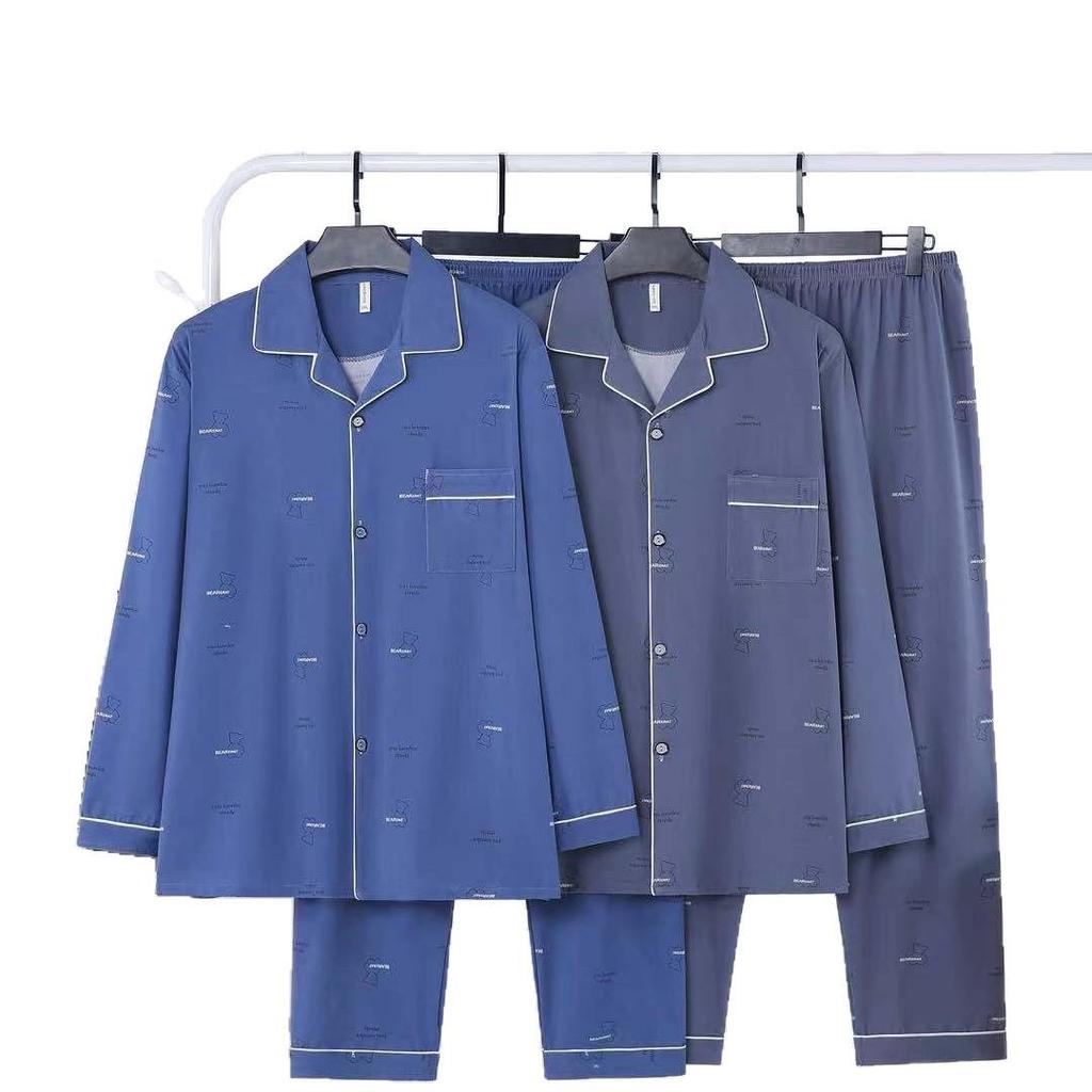 Мужской пижамный комплект "Павильон Дракона" Четыре сезона: Имитация хлопка с лайкрой, Отложной воротник, Длинный рукав, Длинные брюки, Свободный крой.