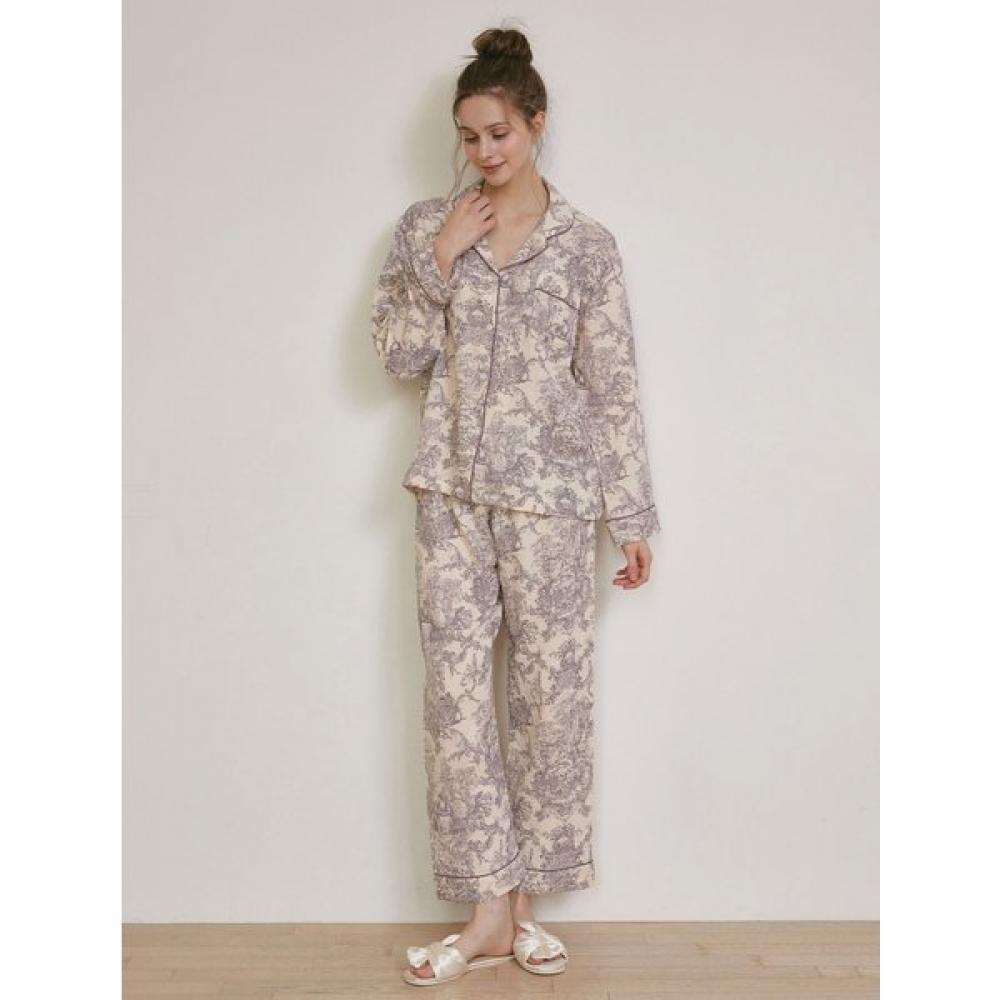 Lunaluz Women Amor Double Gauze Long Sleeve Collar Two Piece Pajama