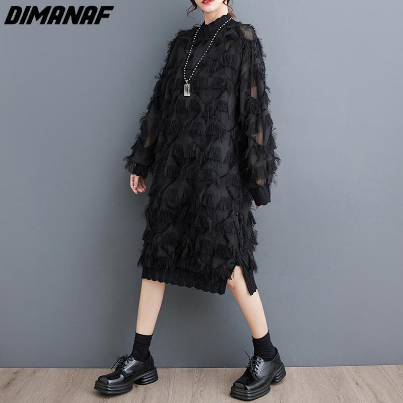 Dimanaf Plus Size Women 2023 New Summer Style Dress Long Sleeve O-Neck Floral Loose Dress Basic Black New