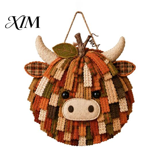 Seasonal Handmade Wall Hanging Highland Cow Pumpkin Patchwork Kit, Fabric Autumn DIY Sewing Project Craft Kit for Beginners, Home Farmhouse Decoration